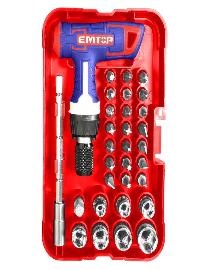 EMTOP EBST03102 Socket Wrench Set, Screwdriver Set, Includes Case, Ratcheting Type, T-Handle Adapter, Compact, Easy Storage - Image 1